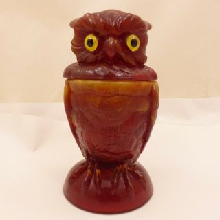 Nos Red Slag Geraldine Owl Jar Glass Eyes Lidded Candy Bowl Dish Imperial Summit