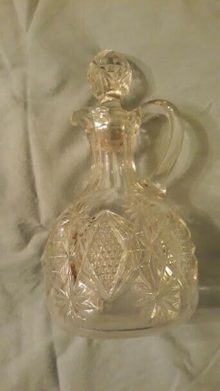 Vintage / Antique ? Clear glass cruet / pitcher with handle and stopper. 2