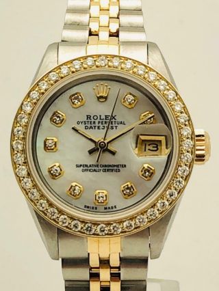 Estate Rolex Datejust Ss & 18k Gold Ladies 26mm Diamond Bezel & Mother Of Pearl