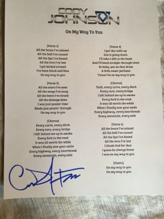 Cody Johnson Country Star Signed Auto On My Way To You Lyric Sheet Proof 2
