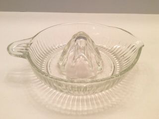 Vintage Large Heavy Ribbed Clear Glass Hand Citrus Juicer Reamer W/tab Handle 6 "