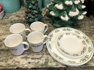 Set Of 4 Corelle Dinner Plates,  Salad Plates & Cups Winter Holly Christmas