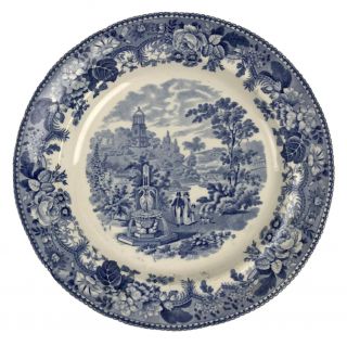 Antique 19th Century Staffordshire Blue Transferware Fountain Dinner Plate 10 "