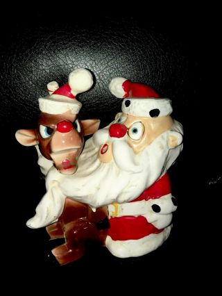 1960s Kreiss Psycho Ceramic Christmas Figurine Santa Claus Rudolph In Beard