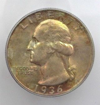 1936 - S Washington Silver 25 Cents Icg Ms66 Lists For $400 Toning