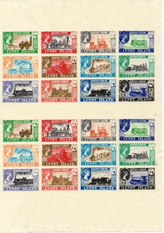 Gerald King Lundy Isle Full Sheet Railway Stamps On Cream Paper Imperf Lot 14