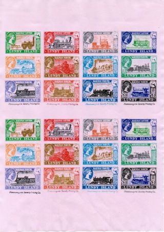 Gerald King Lundy Isle Full Sheet Railway Stamps On Lilac Paper Imperf Lot 11