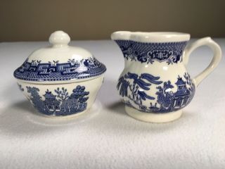 Churchill Of England Blue Willow Creamer Sugar Bowl Set Vintage Pottery Ceramic