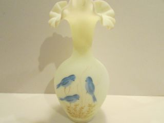 Fenton 9 5/8 " Ruffeled Top Blue Bird Vase Burmese? Signed