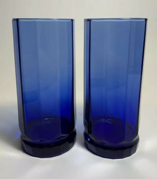 Vintage Cobalt Blue Drinking Glasses 10 Sided 6.  5” Tall Set Of 2 Blue Glasses