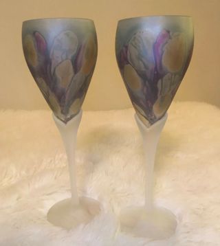2 Rueven Glasses,  Hand Painted By Nouveau Art Glass Usa 8.  75”