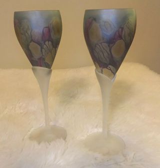 2 RUEVEN GLASSES,  HAND PAINTED BY NOUVEAU ART GLASS USA 8.  75” 2