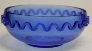 Cobalt Blue Glass Bowl W/ Applied Wave Design On Rim,  4 " Tall X 9 " Diameter