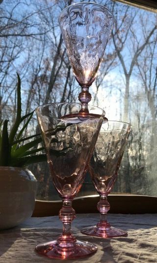 Set Of 3 Fry Depression Glass Pink Optic Wafer Stem 6 3/4” Water Goblets Parfait