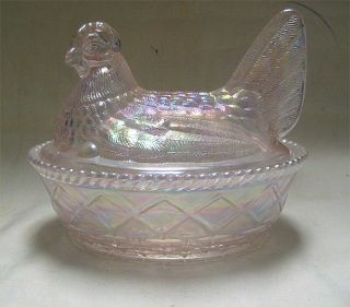 Signed Westmoreland Hen On Nest - Pink Iridescent Carnival Glass Covered Dish