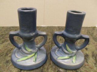 Antique Roseville Pottery Blue Freesia Pair Candlesticks