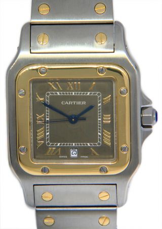Cartier Santos Galbee 18k Yellow Gold & Steel Bronze Dial 28mm Watch 1566