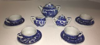 Occupied Japan 13 Piece Blue Willow Child’s Porcelain Tea Set Complete No Damage