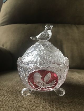 Hofbauer Red Byrde Three Footed Crystal Candy Dish With Lid