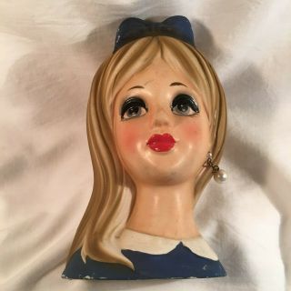 Rare Vintage Teen Lady Head Vase Blonde Blue Dress/bow W/earring Napco C - 8493
