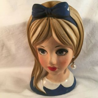 Rare Vintage Teen Lady Head Vase Blonde Blue Dress/Bow w/Earring NAPCO C - 8493 2