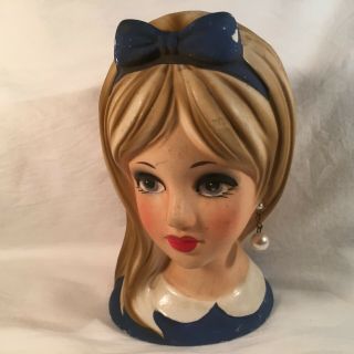 Rare Vintage Teen Lady Head Vase Blonde Blue Dress/Bow w/Earring NAPCO C - 8493 3