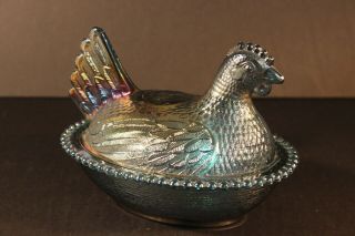 Stunning Blue Carnival Glass Hen On Nest Chicken In A Basket No Chips No Cracks