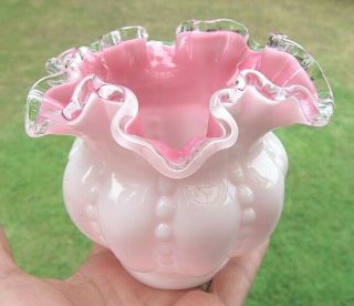 Fenton Pink White Clear Cased Art Glass Ruffled Candy Or Rose Bowl Dish Beaded