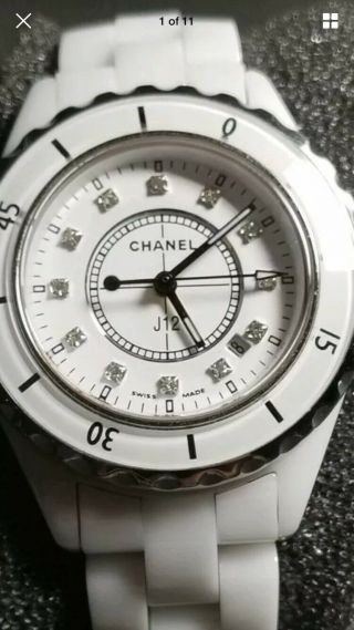 Chanel White Ceramic J12 Watch With Diamonds