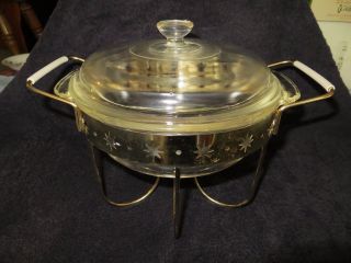 Vintage Fire King Glass Chafing Dish With Brass Plated Stand Star Inlay Look