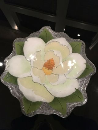 Peggy Karr Fused Glass 14 " Serving Platter Plate White Magnolia Scalloped Edge