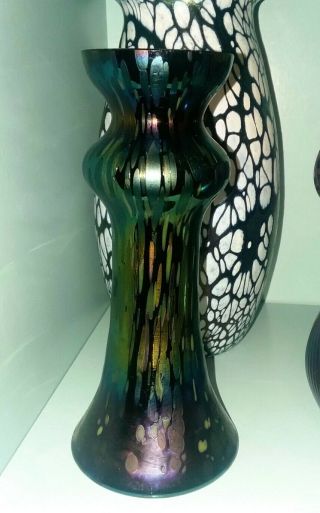 Antique Loetz Rindskopf Iridescent Black Oil Spot Papillon Vase 6.  5 " 1900s