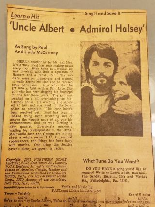Paul Mccartney & Linda,  Uncle Albert Admiral Halsey 1971 " Learn A Hit " Clipping