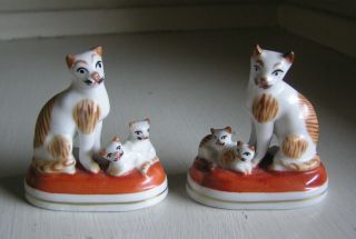 Pair 2 Cat & Kittens Porcelain Figurines Gold Anchor Mark Staffordshire Samson