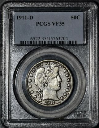 1911 - D 50c Silver Barber Half Dollar,  Certified By Pcgs Vf35,  Jj62