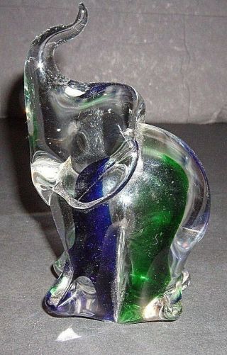 Vintage Patricia Faye Hand Blown Glass Elephant Blue & Green 5 " T X 3 " W X 2 " D