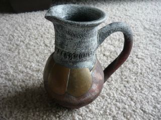Artisan Pottery Pitcher Or Vase,  Banded With Brass & Copper/maroon & Gray