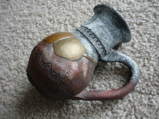 ARTISAN POTTERY PITCHER OR VASE,  BANDED WITH BRASS & COPPER/MAROON & GRAY 2