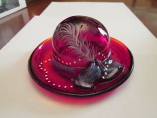 Fenton Art Glass Red Hat Hand Painted Signed Sticker Logo