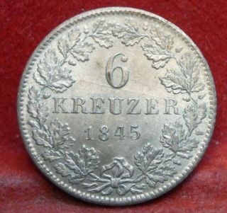 1845 Hesse Darmstadt German State 6 Kreuzer Silver Coin