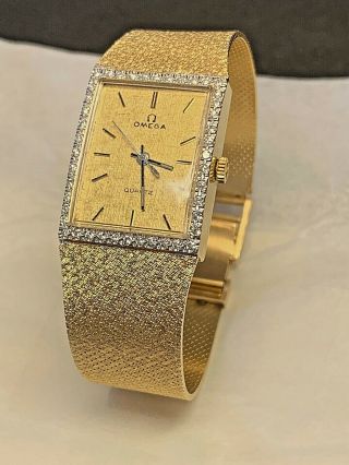 Vintage 1985 Mens Omega Solid 14k Gold Diamond Rectangle Watch Now Unisex