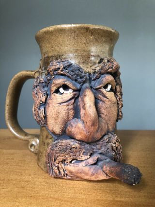 Tough Grumpy Old Man W/ Cigar Large Face Mug Hand - Thrown Pottery Artist Signed