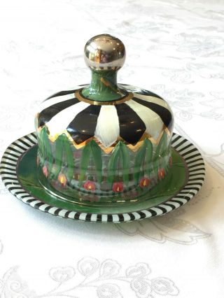 Mackenzie Childs Hand Painted Circus Glass Cake/cheese Dome Plate Heirloom Patte