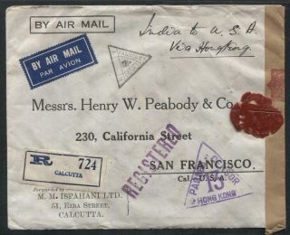 1940 Censored Registered Mail Cover From Calcutta To Sf Via Hong Kong And Hawaii
