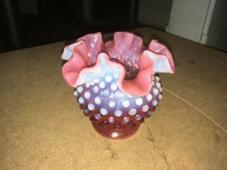 Vintage Fenton Art Glass Cranberry Opalescent Hobnail Ruffled Vase 4 1/4 "