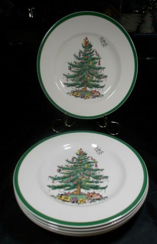 6 Spode Christmas Tree S3324 England Green Band 10 1/2 " Dinner Plates Vgc