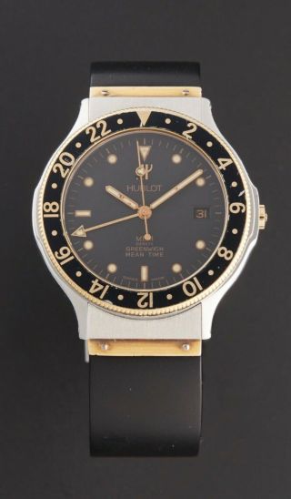 Rare Mens Hublot Mdm Greenwich Mean Time - With Gold Rotating Bezel -