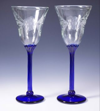 Rick Strini Signed Art Glass Etched Floral Goblets Blue Stem Clear Bowl