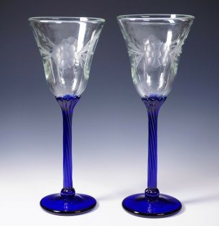 Rick Strini Signed Art Glass Etched Floral Goblets Blue Stem Clear Bowl 2