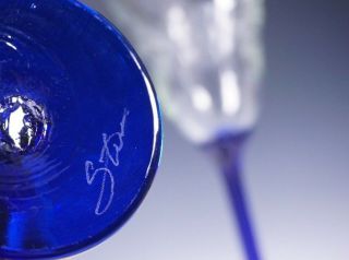 Rick Strini Signed Art Glass Etched Floral Goblets Blue Stem Clear Bowl 3